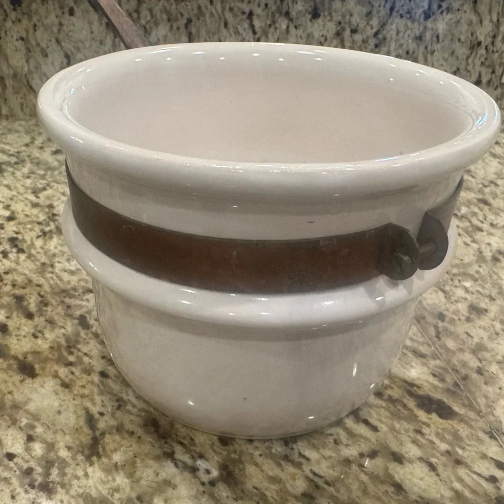 B & M Douro Double Boiler Insert Ironstone Copper Band Brass Handle Pot Vintage